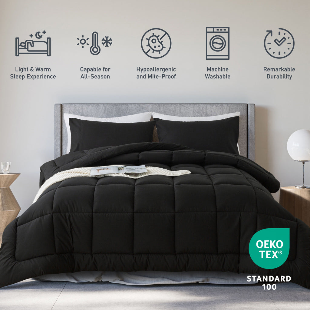 Heavyweight Warmth Queen Size 3-Piece All-Season Down Alternative Comforter Set Deep Black (Comforter and Pillowcase Bedding Set / bed i... - Luxurious Quilted Duvet Cover Set Detail