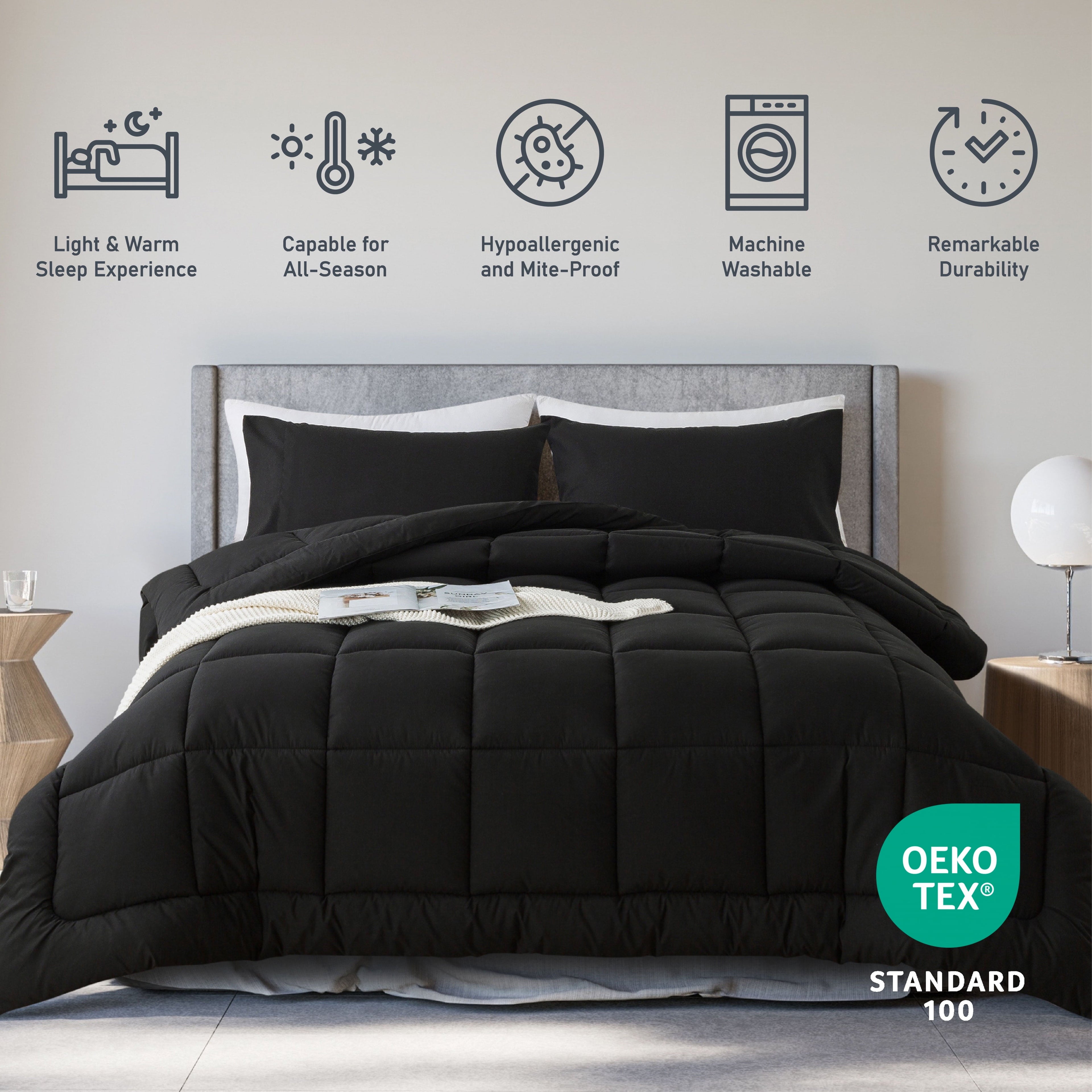 Heavyweight Warmth Queen Size 3-Piece All-Season Down Alternative Comforter Set Deep Black (Comforter and Pillowcase Bedding Set / bed i... - Luxurious Quilted Duvet Cover Set Detail