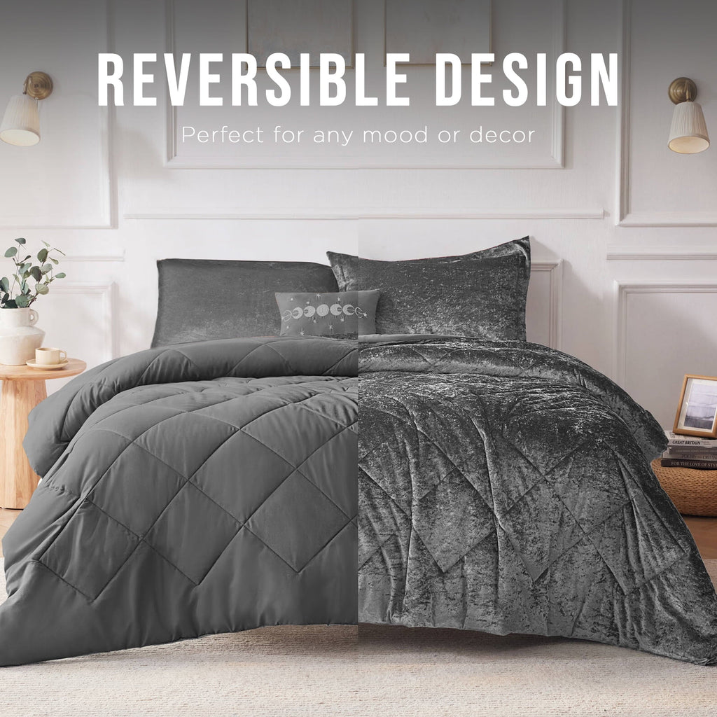 All-Season King/Cal King Size Comforter Sets, Velvet Bedding Comforter Set for All Seasons, Grey Bedding Set with Decor Pillow, ... - Luxurious Quilted Duvet Cover Set Detail