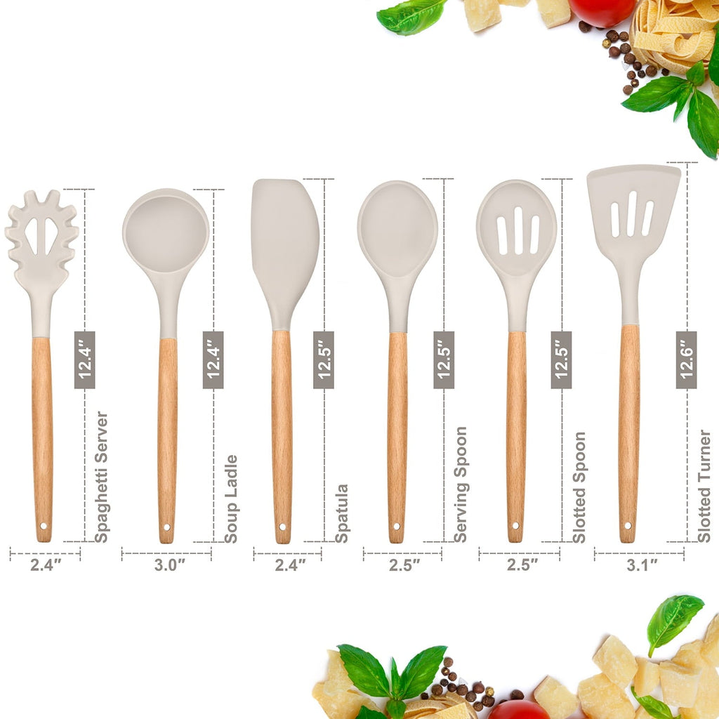 Non-Stick Safe Kitchen Utensils Set of 6, Silicone Cooking Utensils with Wooden Handle, Non-Stick Cookware & Heat Resistant, Include... - Heat-Resistant Silicone Cooking Spatula Turner Detail