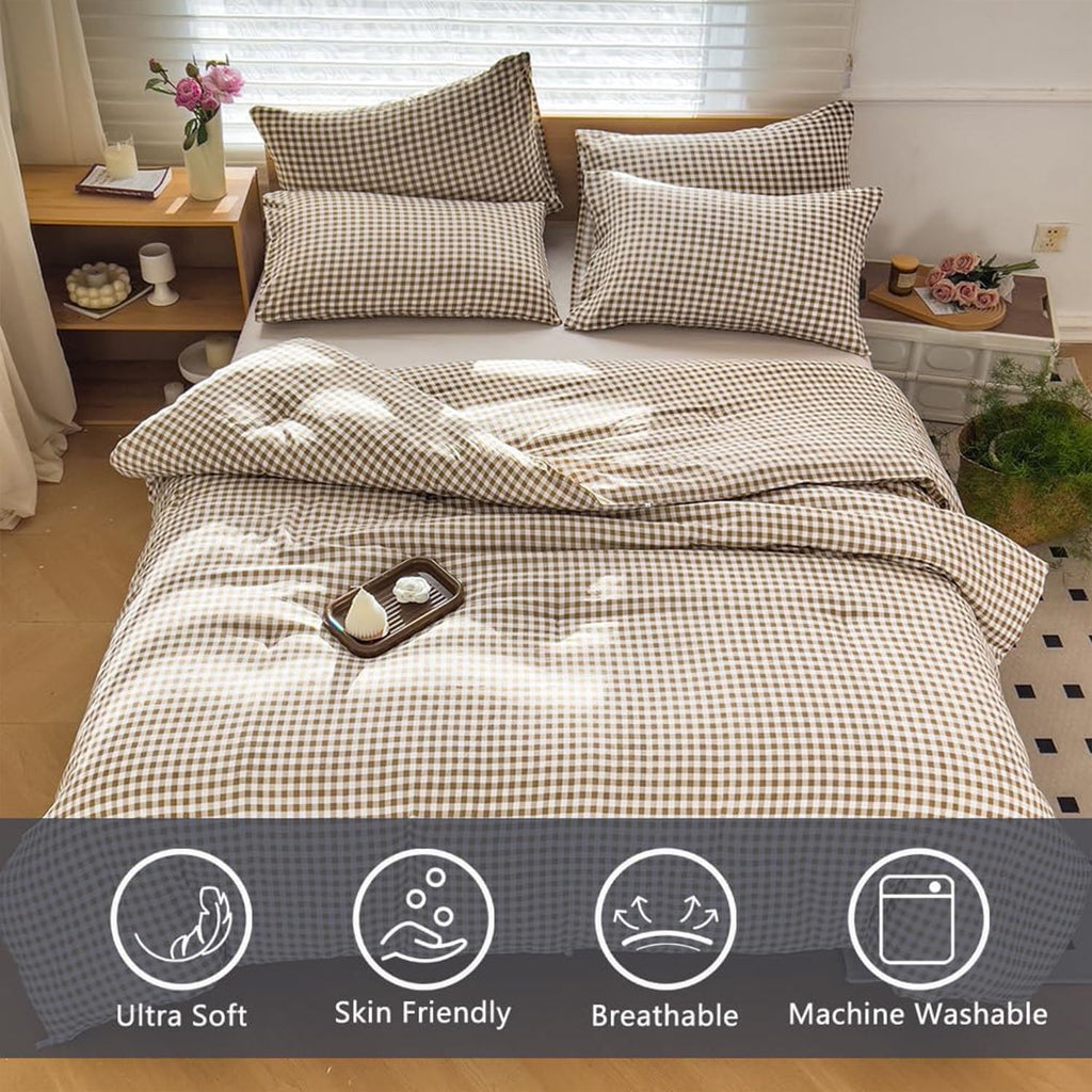 All-Season Tan Gingham Queen Comforter Set, Taupe Plaid Bedding Set, Checked Bed Comforter 3 Pieces(Tan Gingham, Queen) - Cloud-Like Soft Lightweight Bed Comforter Detail