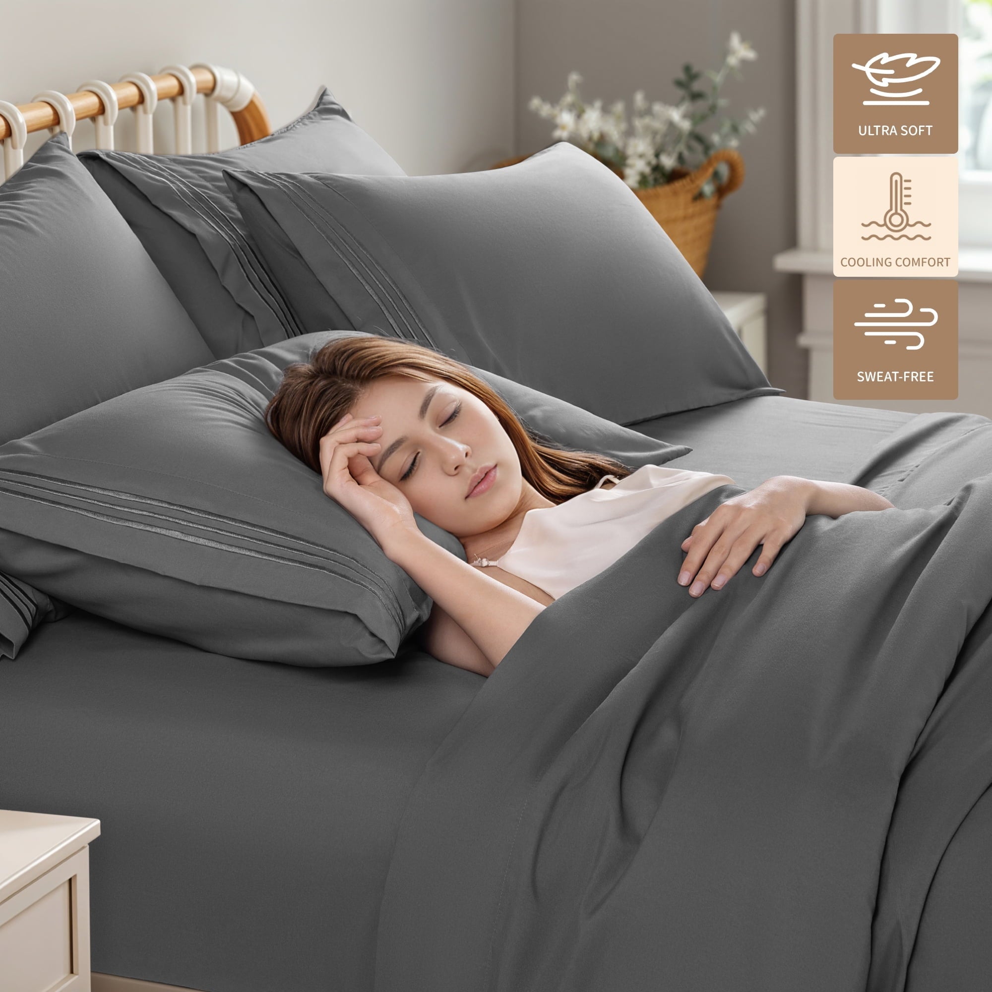 Breathable Luxury 6 Pieces Bed Sheet Set, 1800 Series Soft Microfiber Queen Sheets with 16" Deep Pocket, Dark Gray - Premium Ultra-Soft Pillowcase Pair for Sleeping Detail