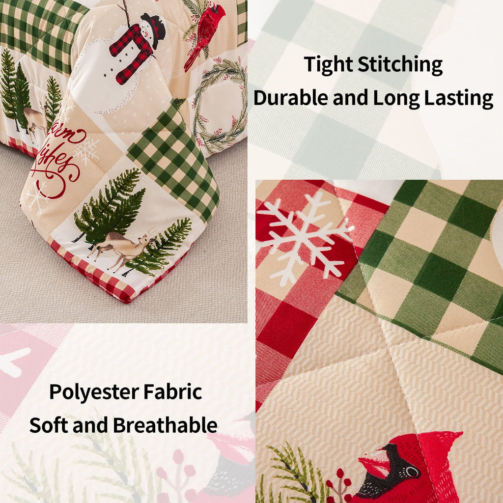 Luxurious Quilted 3 Pcs Christmas Comforter Set, Bed in a Bag Wreath Snowman Queen/Full Size Xmas Bedding Set Fitted Pillowcases for Adult - Hypoallergenic Ultra-Fluffy Quilt for Winter Detail