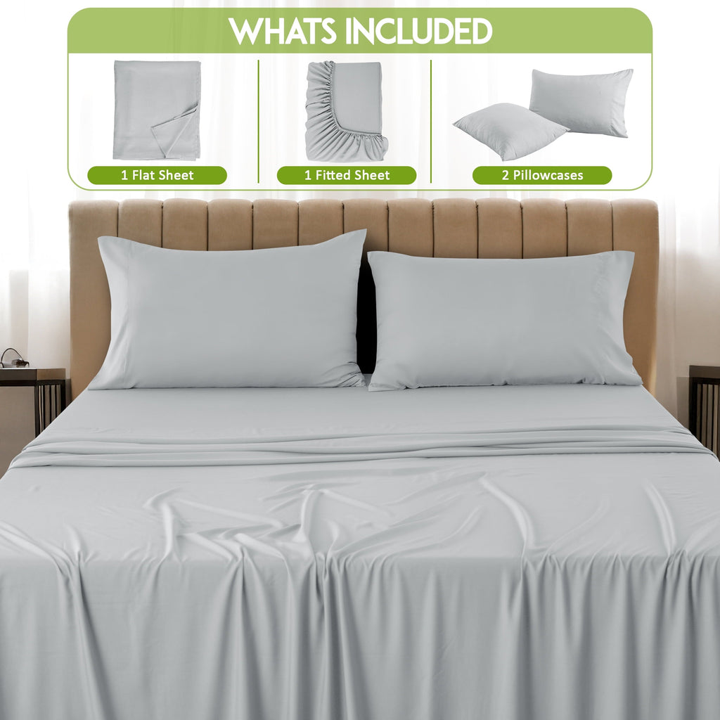 Cooling Sateen Rayon - 4 Piece Cooling Bed Sheets Set, Gray - Breathable Egyptian Cotton Flat & Fitted Sheets Detail