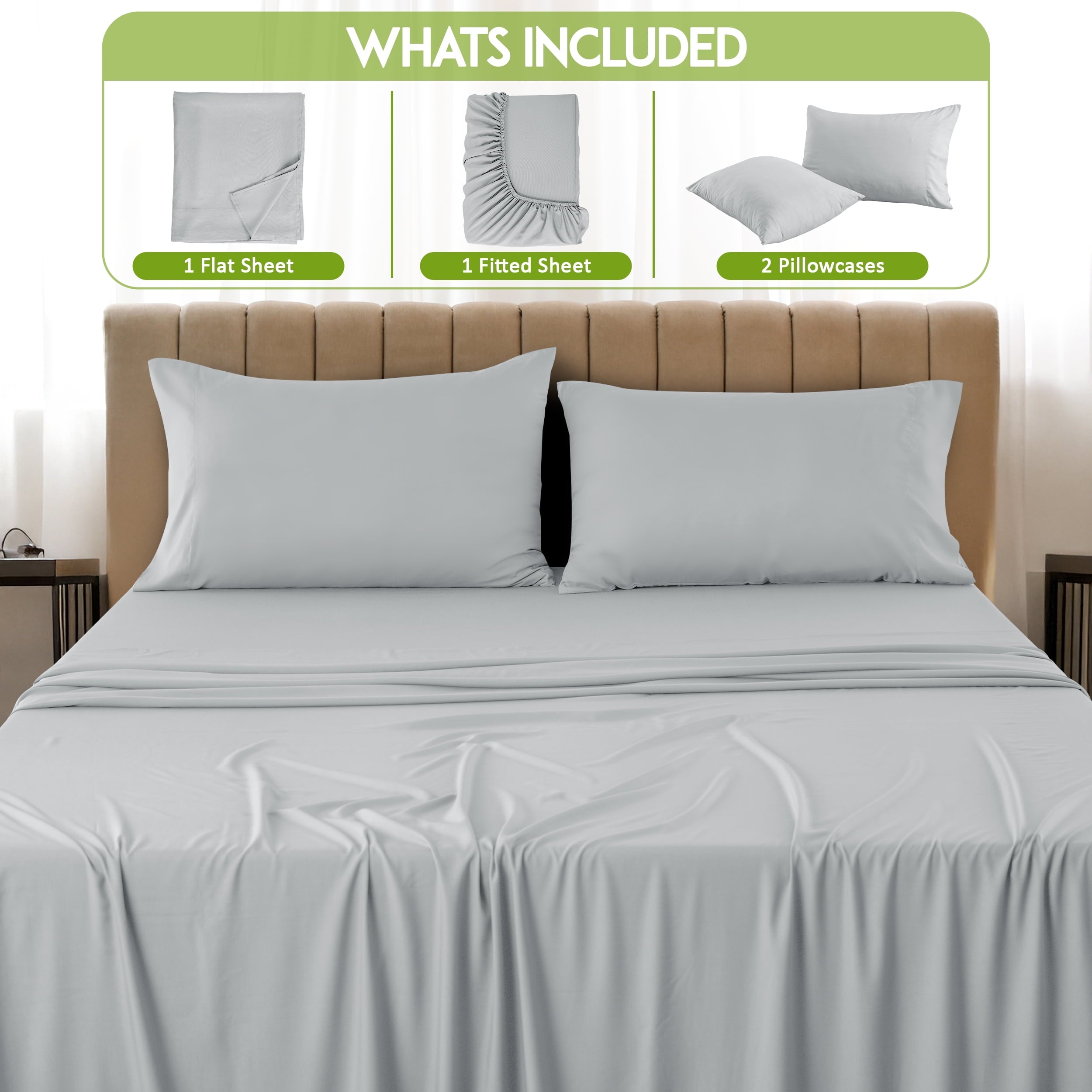 Cooling Sateen Rayon - 4 Piece Cooling Bed Sheets Set, Gray - Breathable Egyptian Cotton Flat & Fitted Sheets Detail