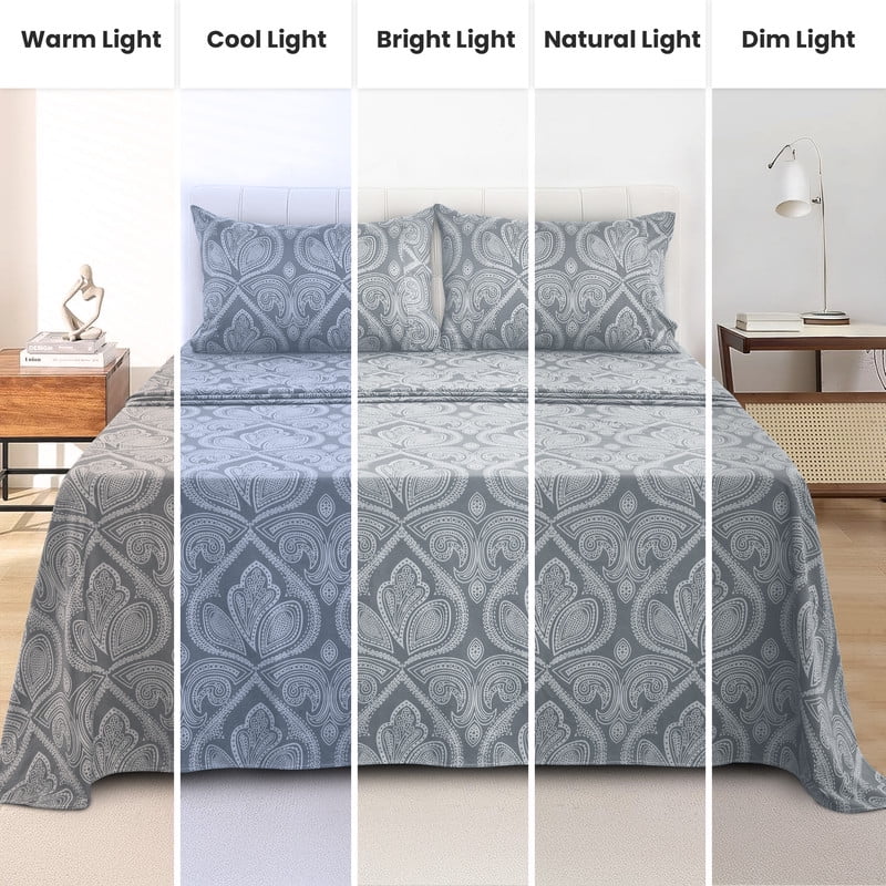 Breathable Luxury Lux Decor 4 Piece Queen Sheet Set, Brushed Microfiber Paisley Printed Bed Sheet Set with up to 16" Deep Pocket Fitted... - Luxury Bed Sheet Set with Deep Pockets Detail