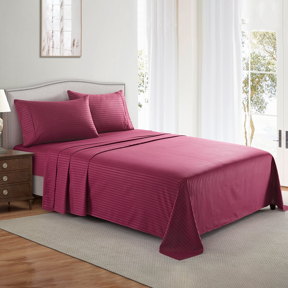 Cooling Sateen Bedding Set with Flat Sheet, Fitted Bed Sheet & Pillowcases, Full Burgundy - Breathable Egyptian Cotton Flat & Fitted Sheets Detail