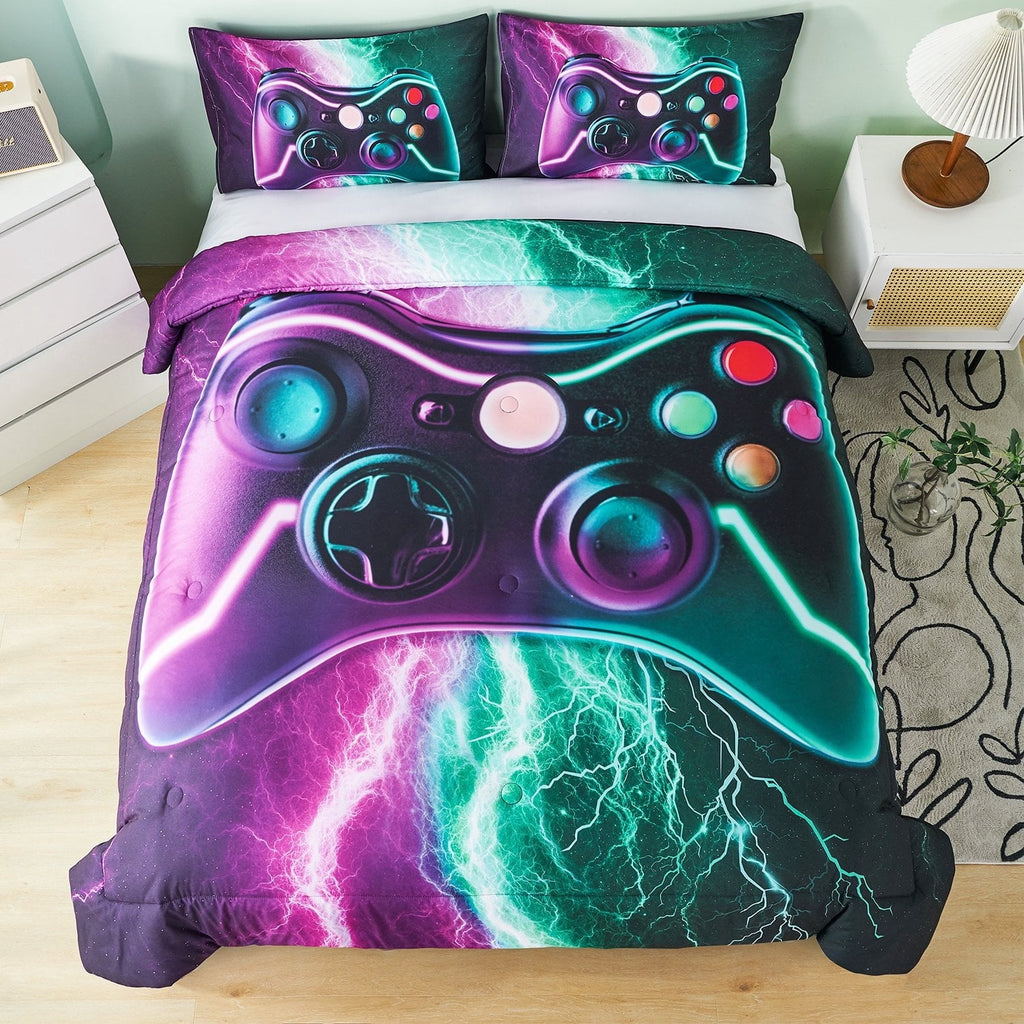 All-Season Queen Size Gaming Comforter Set for Boys,3-Piece 3D Green Purple Lightning Game Controller Bedding Set for Kids Teens - Luxurious Quilted Duvet Cover Set Detail
