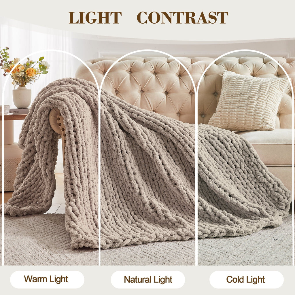 Lightweight Warm Chunky Knit Throw Blanket Handmade Soft Throws for Couch Sofa Bed, 50" x 60" Taupe - Luxury Knitted Decorative Throw Blanket with Fringes Detail