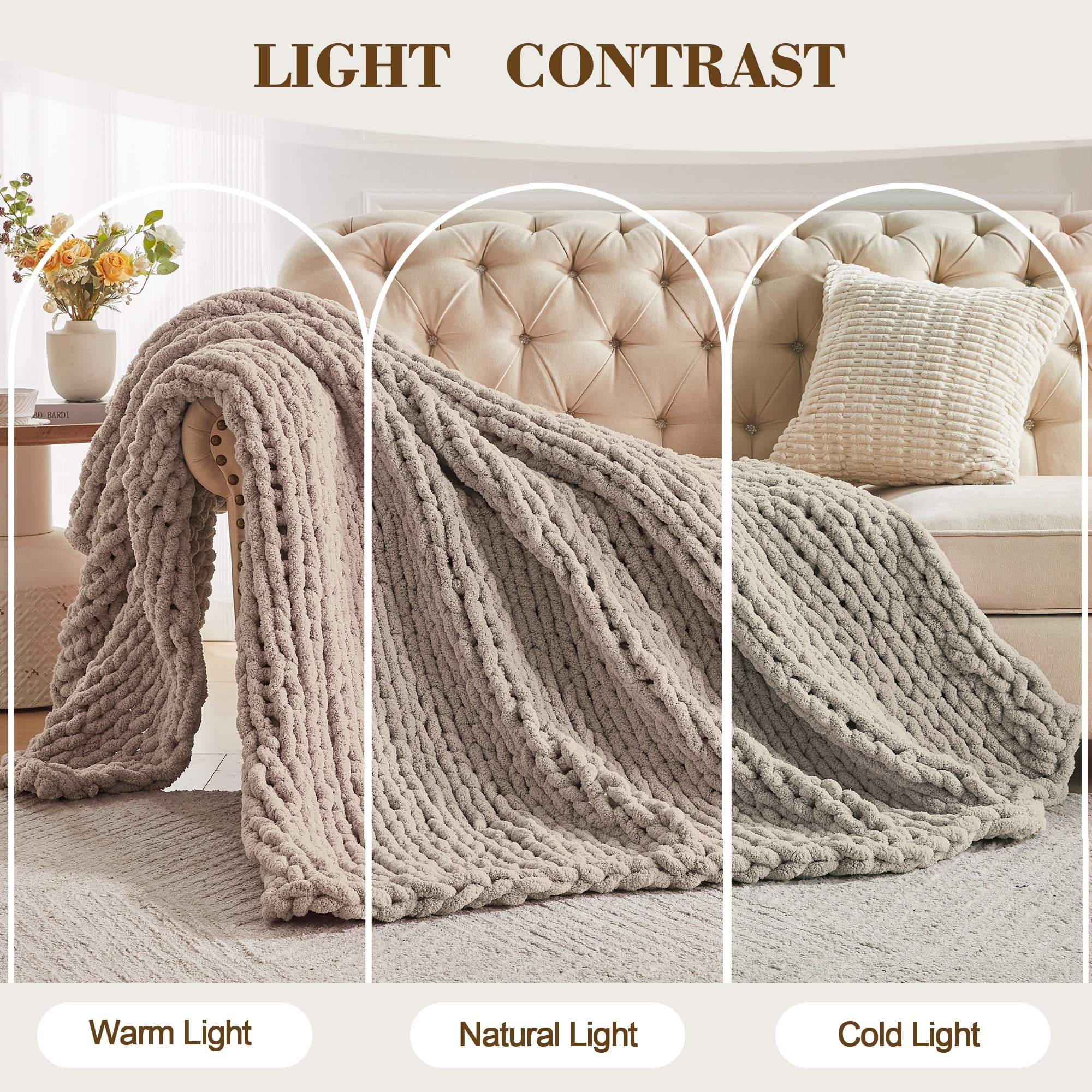 Lightweight Warm Chunky Knit Throw Blanket Handmade Soft Throws for Couch Sofa Bed, 50" x 60" Taupe - Luxury Knitted Decorative Throw Blanket with Fringes Detail