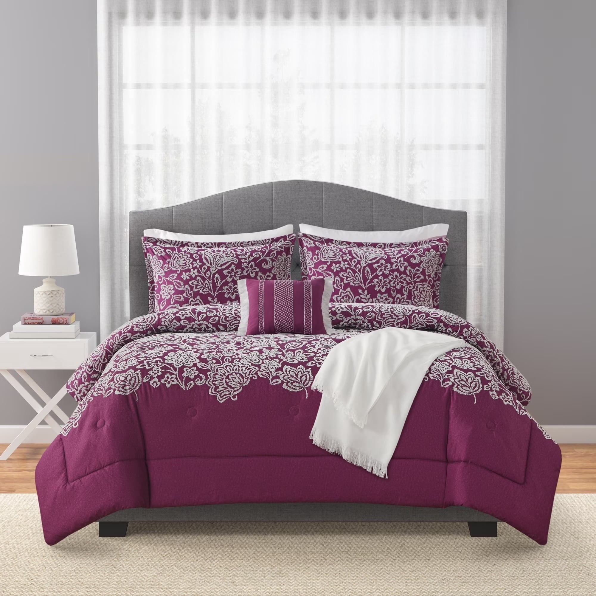 Luxurious Quilted 5-Piece Jacquard Comforter Set with Decor Pillow and Throw Purple Flocking Embroidery Bedding Set, Full/Queen - Cloud-Like Soft Lightweight Bed Comforter Detail