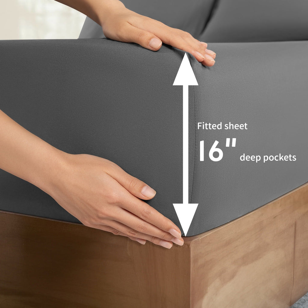 Breathable Luxury 6 Pieces Bed Sheet Set, 1800 Series Soft Microfiber Queen Sheets with 16" Deep Pocket, Dark Gray - Premium Ultra-Soft Pillowcase Pair for Sleeping Detail