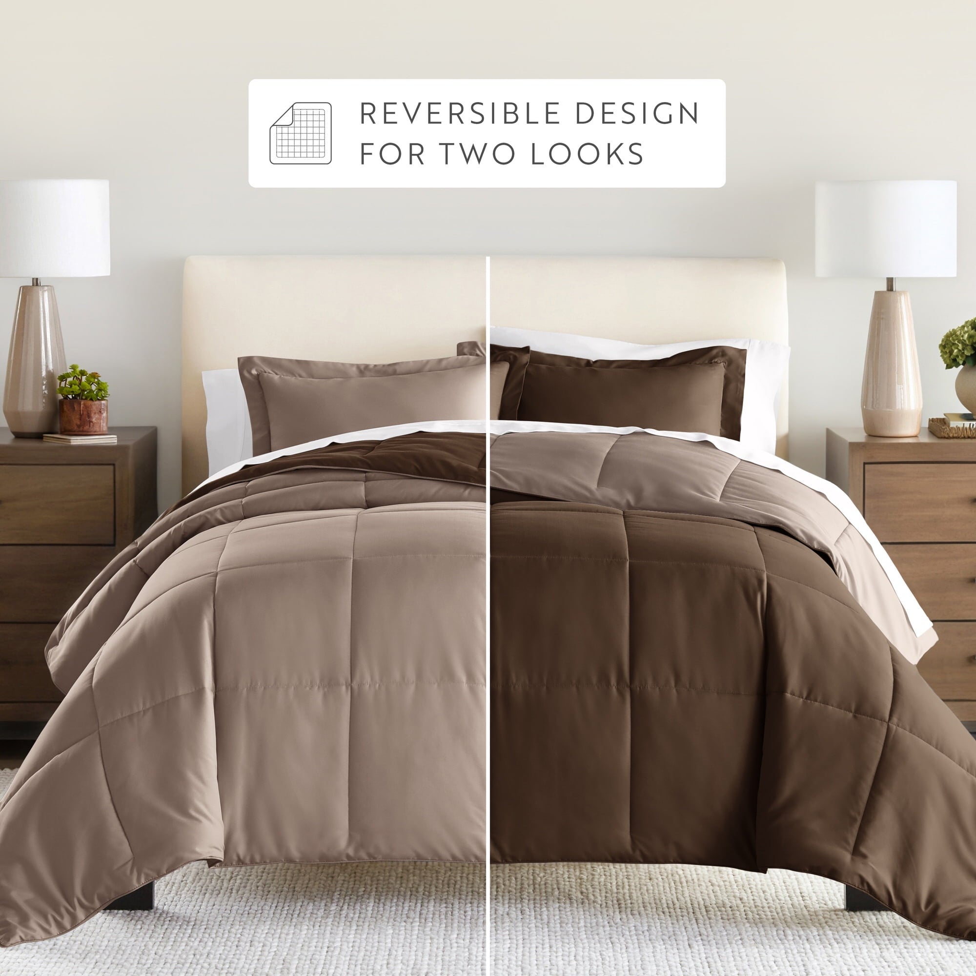 All-Season All Season Reversible Comforter Set Breathable Cool in Taupe & Chocolate Brown Full/Queen Size Bedding - Cloud-Like Soft Lightweight Bed Comforter Detail