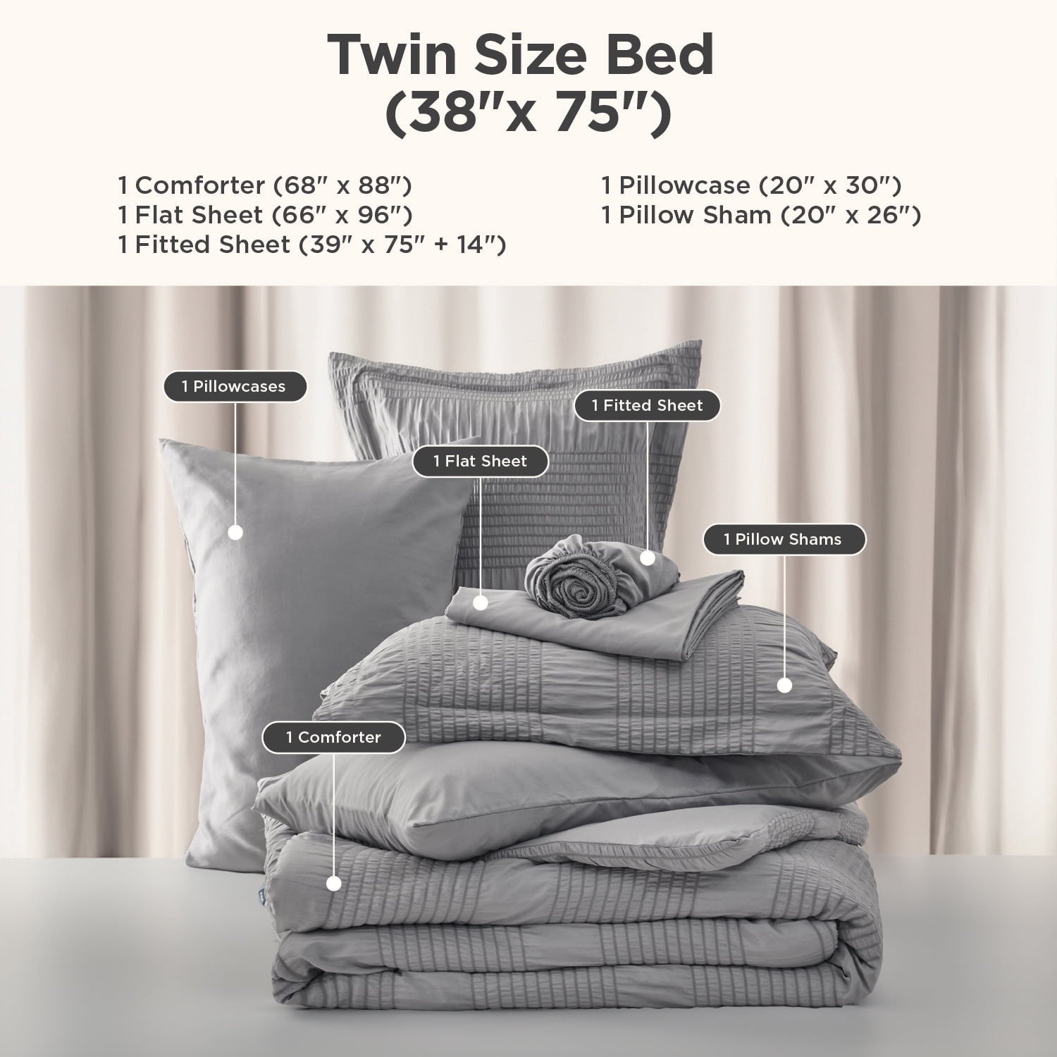 Luxurious Quilted Twin Comforter Sets 5 Pieces Stripes Seersucker Bedding Set, Bed in a Bag with Soft Comforter & Sheets, Pillowcase & ... - All-Season Down Alternative Comforter Insert Detail