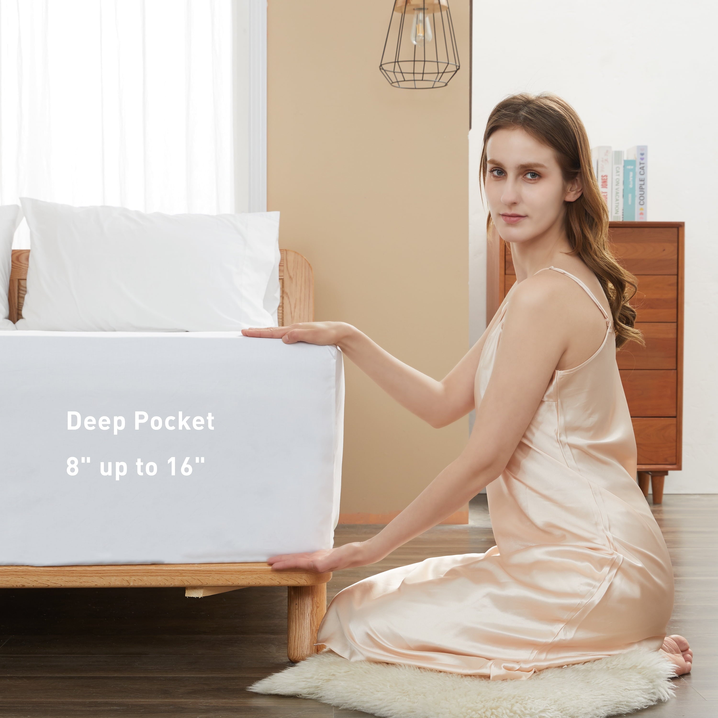Premium Egyptian Cotton 100% Cotton Queen Size Fitted Sheet Only, 300 Thread Count White Fitted Bed Sheet with 22” Extra Deep Pocket, Soft & ... - Premium Ultra-Soft Pillowcase Pair for Sleeping Detail