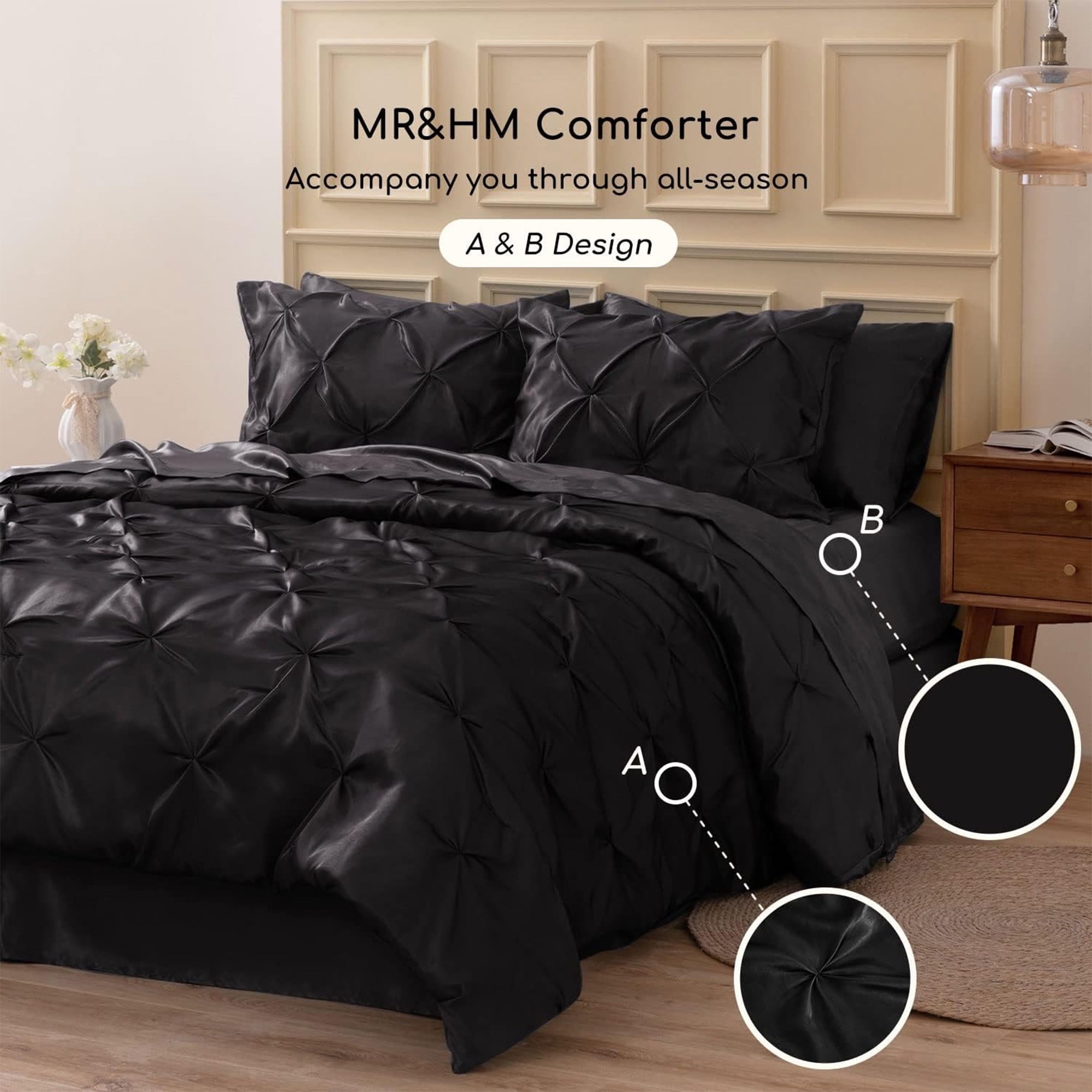 Fluffy Down Alternative Satin Comforter Set 7 Pieces Queen Size - Luxurious Pinch Pleat Bed in a Bag with Satin Comforter, Satin Sheets, Sati... - Luxurious Quilted Duvet Cover Set Detail