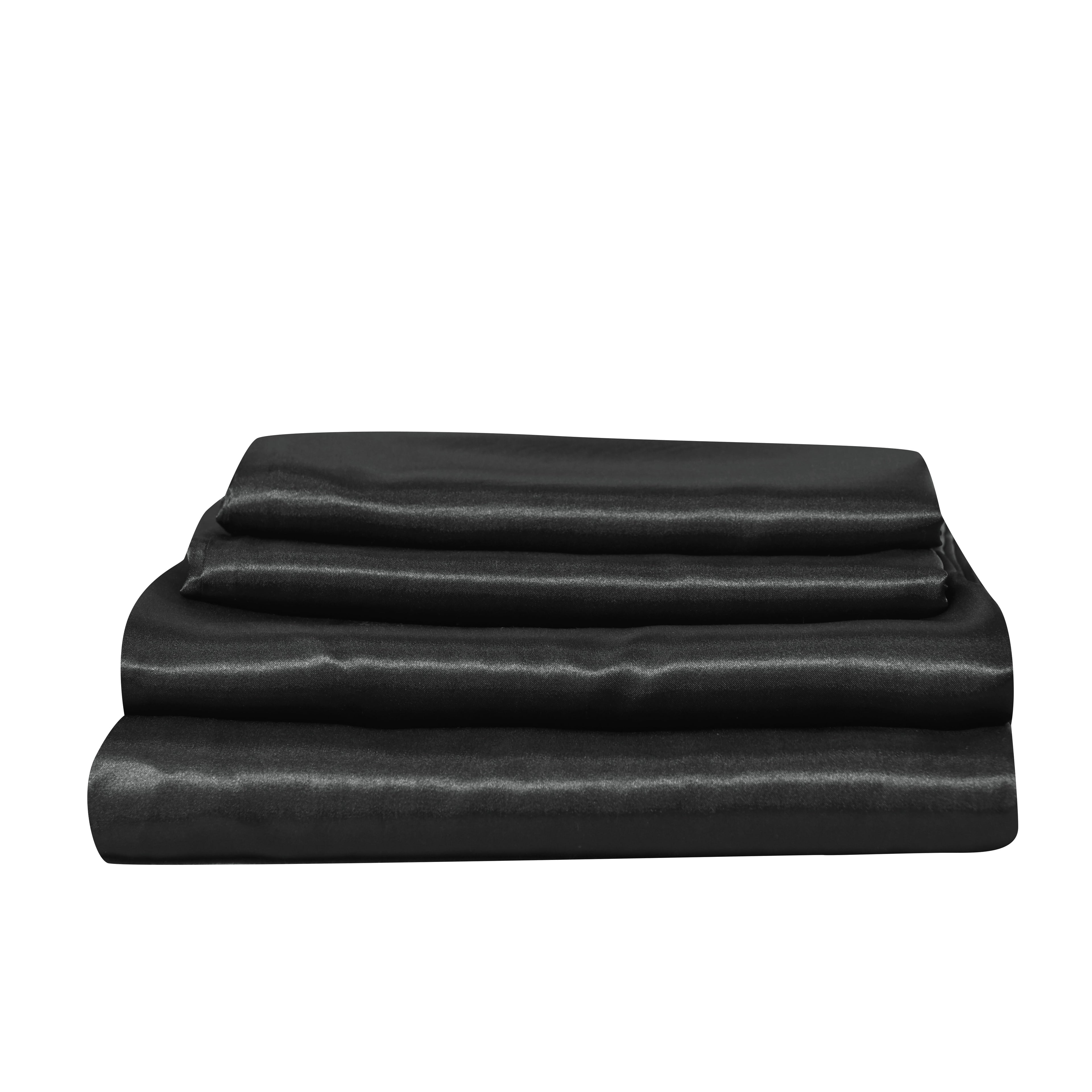 Ultra-Soft Satin Sheets Full Black Luxury Silky Bed Sheets 1800 Microfiber Sheet Set 4 Pcs - Breathable Egyptian Cotton Flat & Fitted Sheets Detail