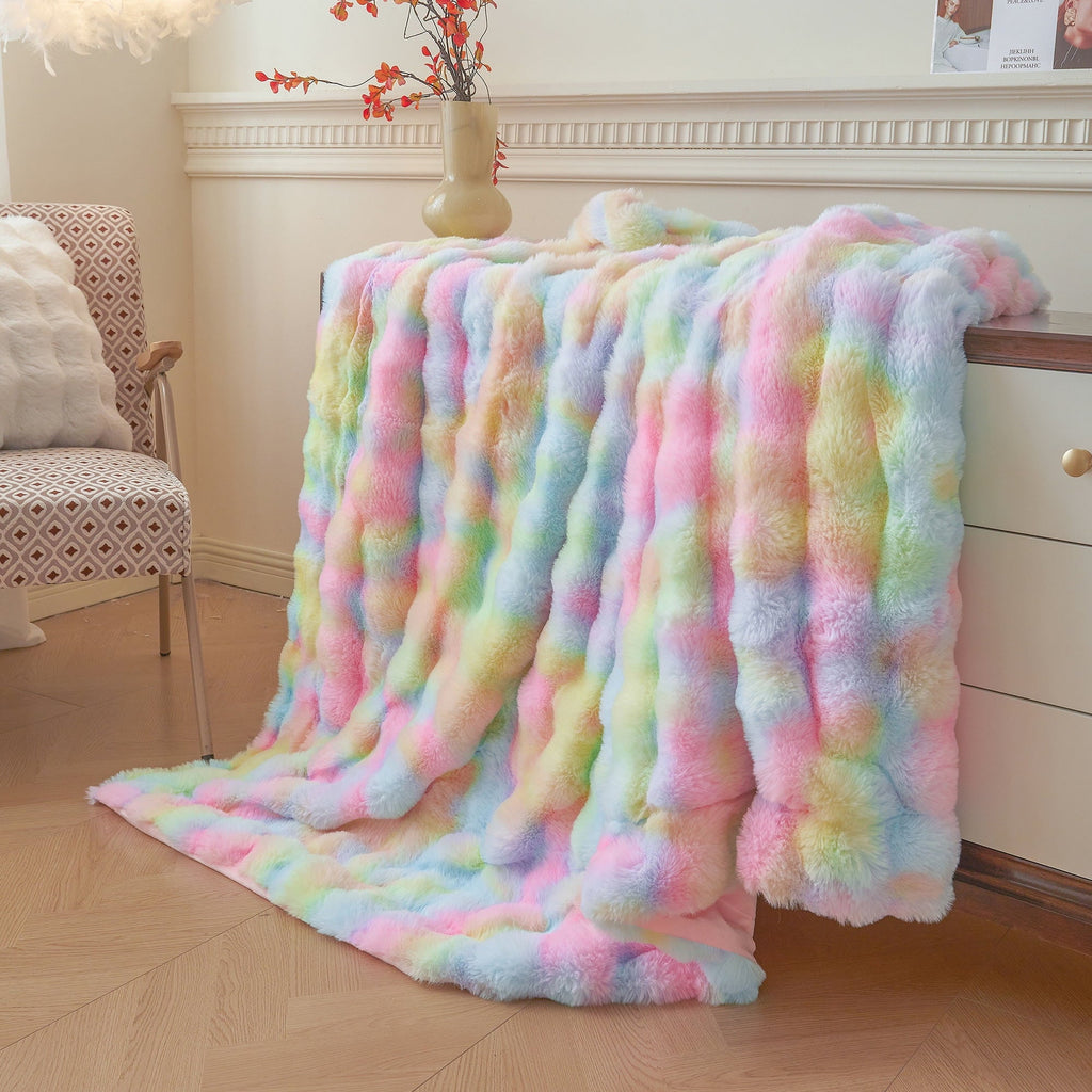 Lightweight Warm Fluffy Faux Rabbit Fur Bubble Throw, Rainbow Plush Shaggy Blanket for Couch Sofa Chair, Soft Tie Dye Furry Blanket Ad... - Lightweight Plush Warm Blanket for All Seasons Detail