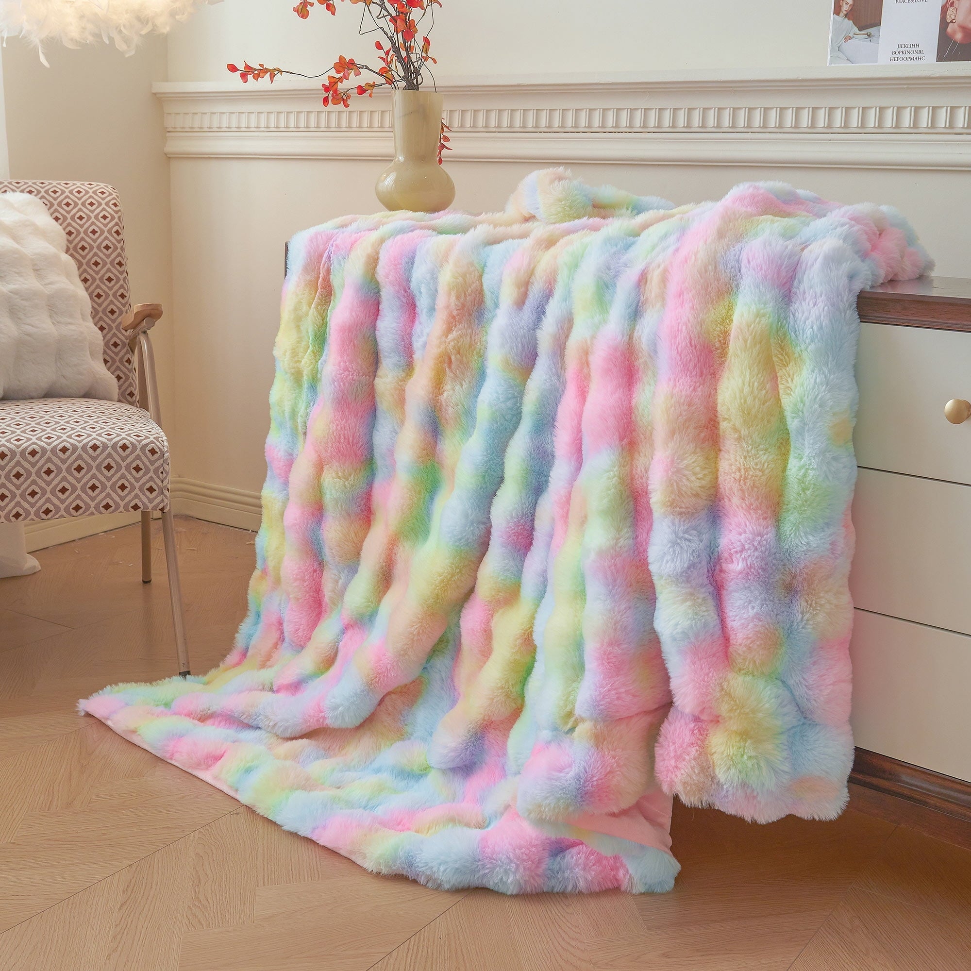 Lightweight Warm Fluffy Faux Rabbit Fur Bubble Throw, Rainbow Plush Shaggy Blanket for Couch Sofa Chair, Soft Tie Dye Furry Blanket Ad... - Lightweight Plush Warm Blanket for All Seasons Detail