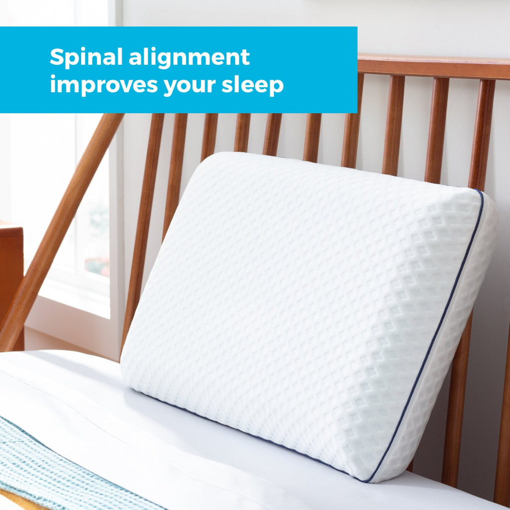 Decorative Plump Medium Feel Standard Size Ventilated Gel Memory Foam Bed Pillow with Washable Cover and Temperature Regulating Infusion - Ergonomic Memory Foam Pillow for Neck Pain Support Detail