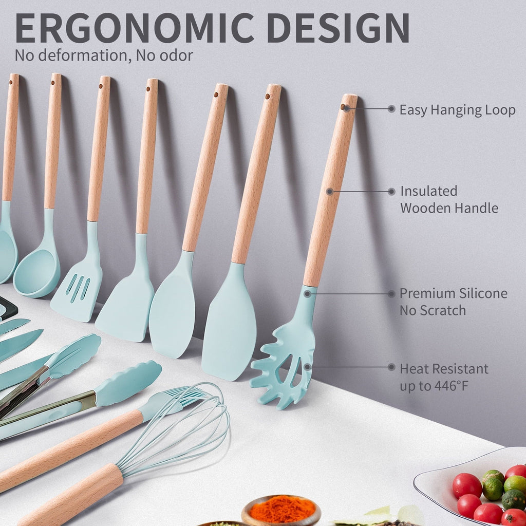 Non-Stick Safe Silicone Kitchen Cooking Utensils Set, 19 Pieces Utensil with Holder, Heat Resistant, Green - Ergonomic Kitchen Tongs and Cooking Spoon Utensil Detail