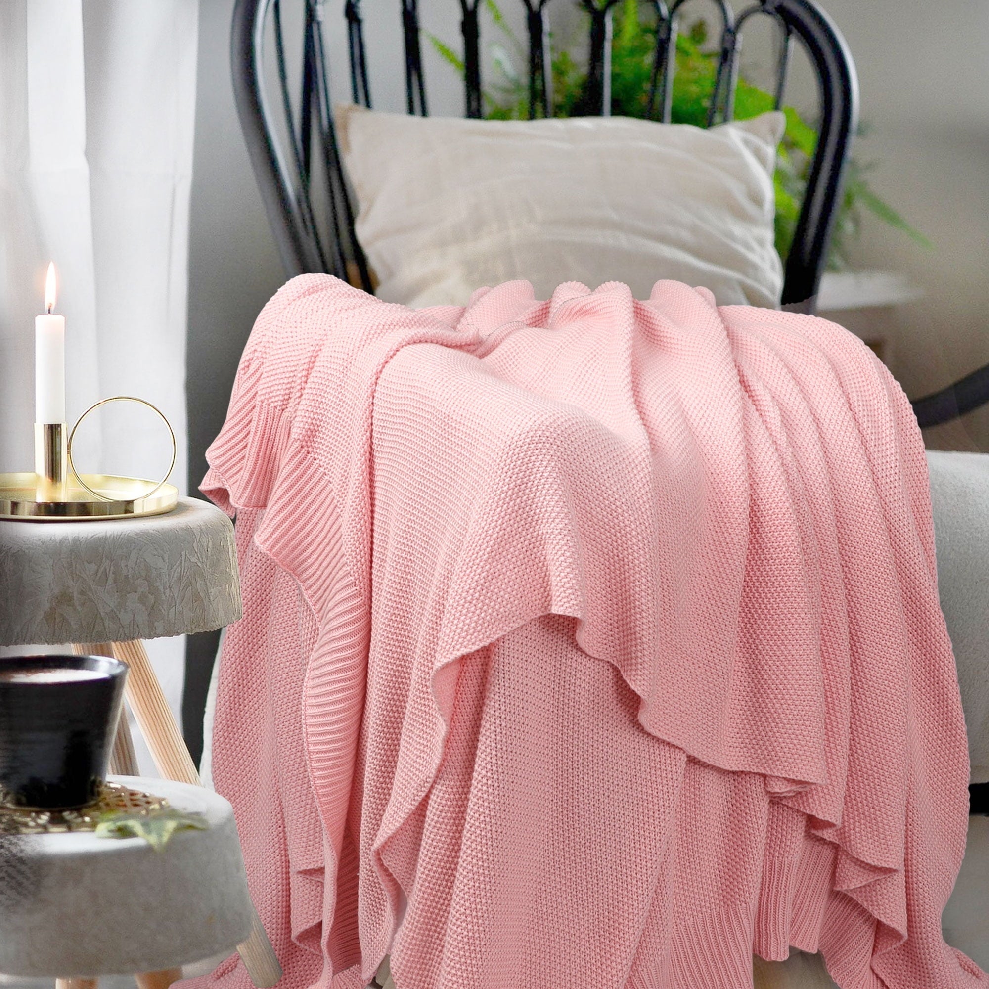 Lightweight Warm Pure Cotton Soft Cable Knit Throw Blanket Pink 50" x 70" - Cozy Fleece Throw Blanket for Couch & Bed Detail