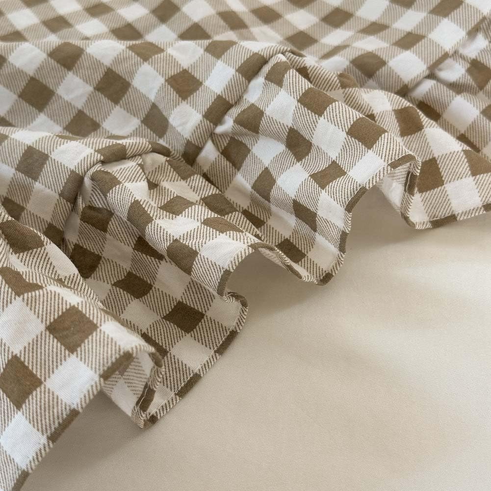 All-Season Tan Gingham Ruffle Queen Comforter Set, Taupe Ruffled Plaid Bedding Set, Ruffled Checked Bed Comforter 3 Pieces(Tan G... - All-Season Down Alternative Comforter Insert Detail