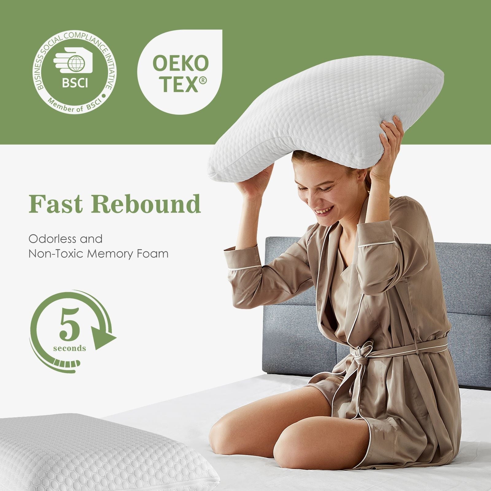 Fluffy Shredded Memory Foam Pillow for Sleeping, 24"D x 16"W x 4.7"H, Soft Supportive Hotel Pillow for Bed, Washable Cover, Set of 2 - Ergonomic Memory Foam Pillow for Neck Pain Support Detail