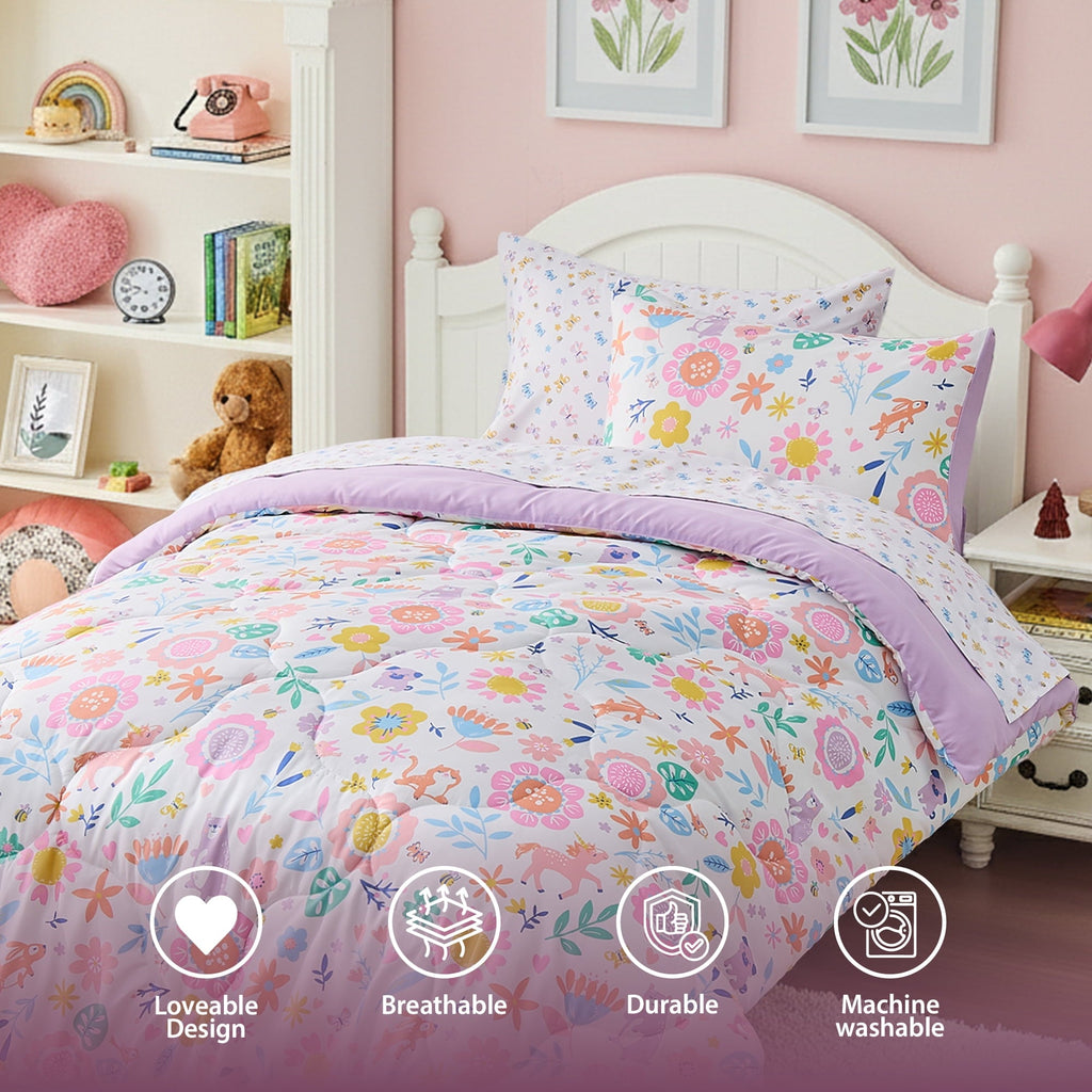 Fluffy Down Alternative Floral Comforter Set, Soft Microfiber Flower Bedding Set, 5 Pieces with Comforter, Sheets and Pillowcases, Twin - Luxurious Quilted Duvet Cover Set Detail