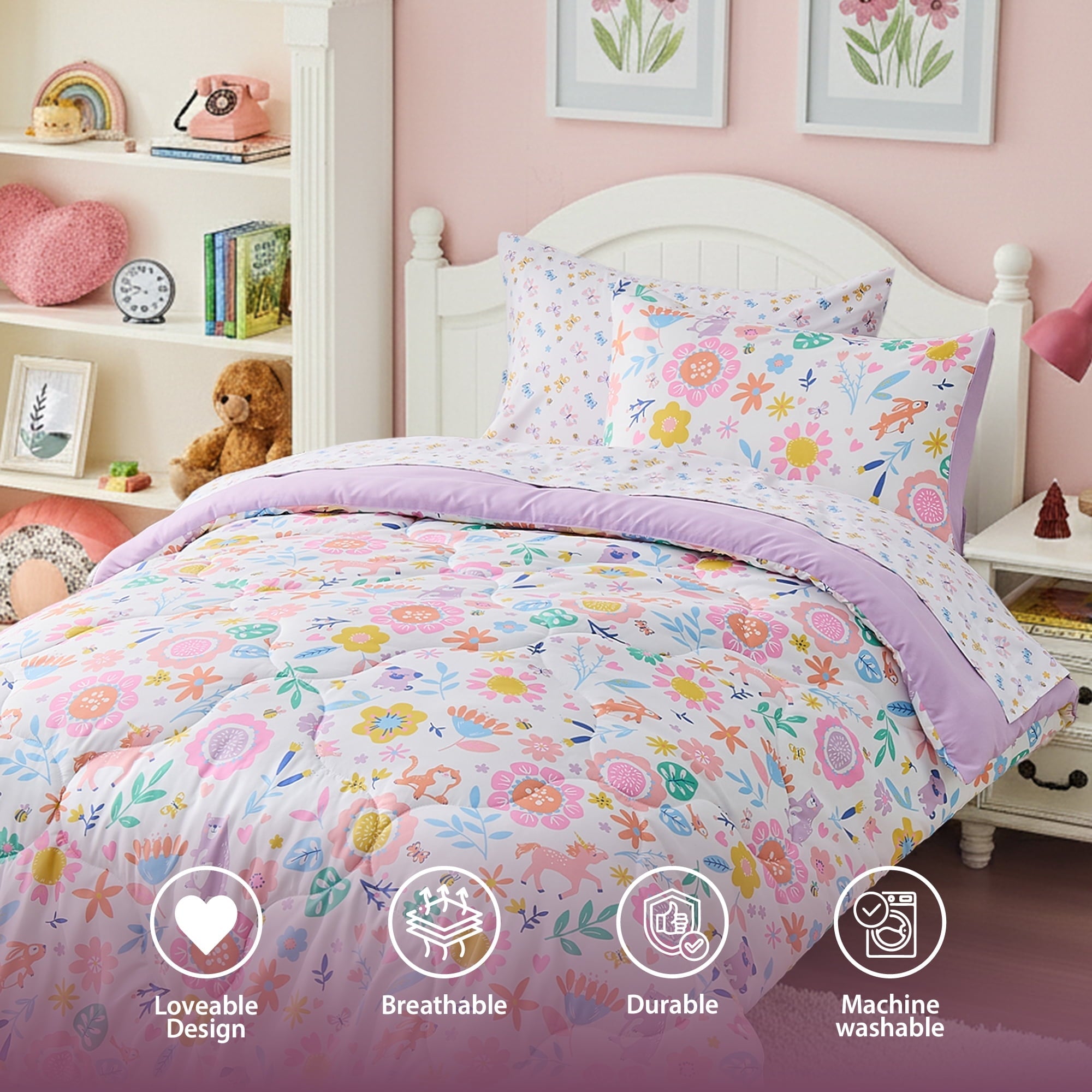 Fluffy Down Alternative Floral Comforter Set, Soft Microfiber Flower Bedding Set, 5 Pieces with Comforter, Sheets and Pillowcases, Twin - Luxurious Quilted Duvet Cover Set Detail