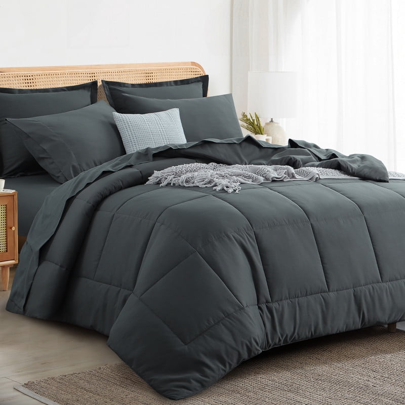 Fluffy Down Alternative 7 Pieces Comforter Set with Sheets - Bed in a Bag with Comforter and All Season Sheets, Pillowcases,Dark Gray,Queen - All-Season Down Alternative Comforter Insert Detail