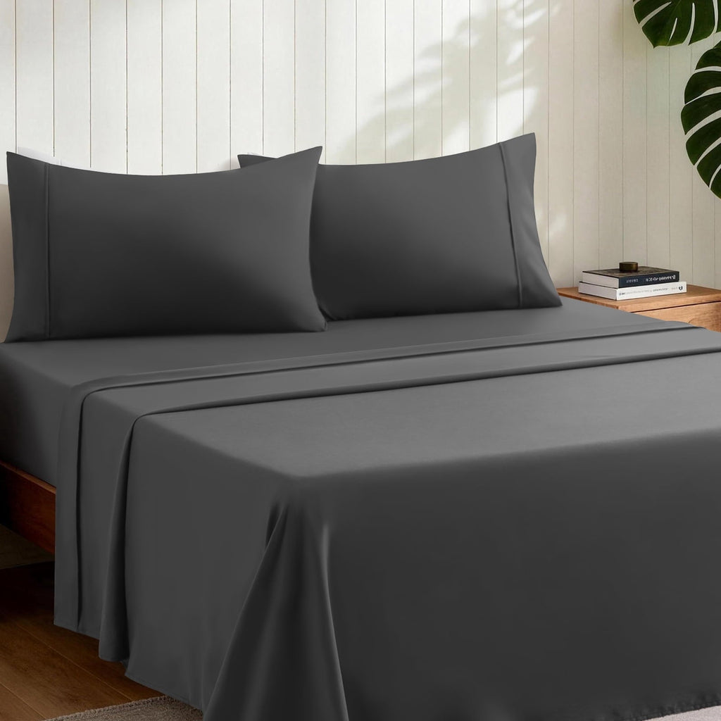 Premium Egyptian Cotton Sheets,Soft Hotel Luxury Polyester Washed Cotton,4 Piece Sheets Set,with 14" Deep Pocket,Dark Gray - Premium Ultra-Soft Pillowcase Pair for Sleeping Detail