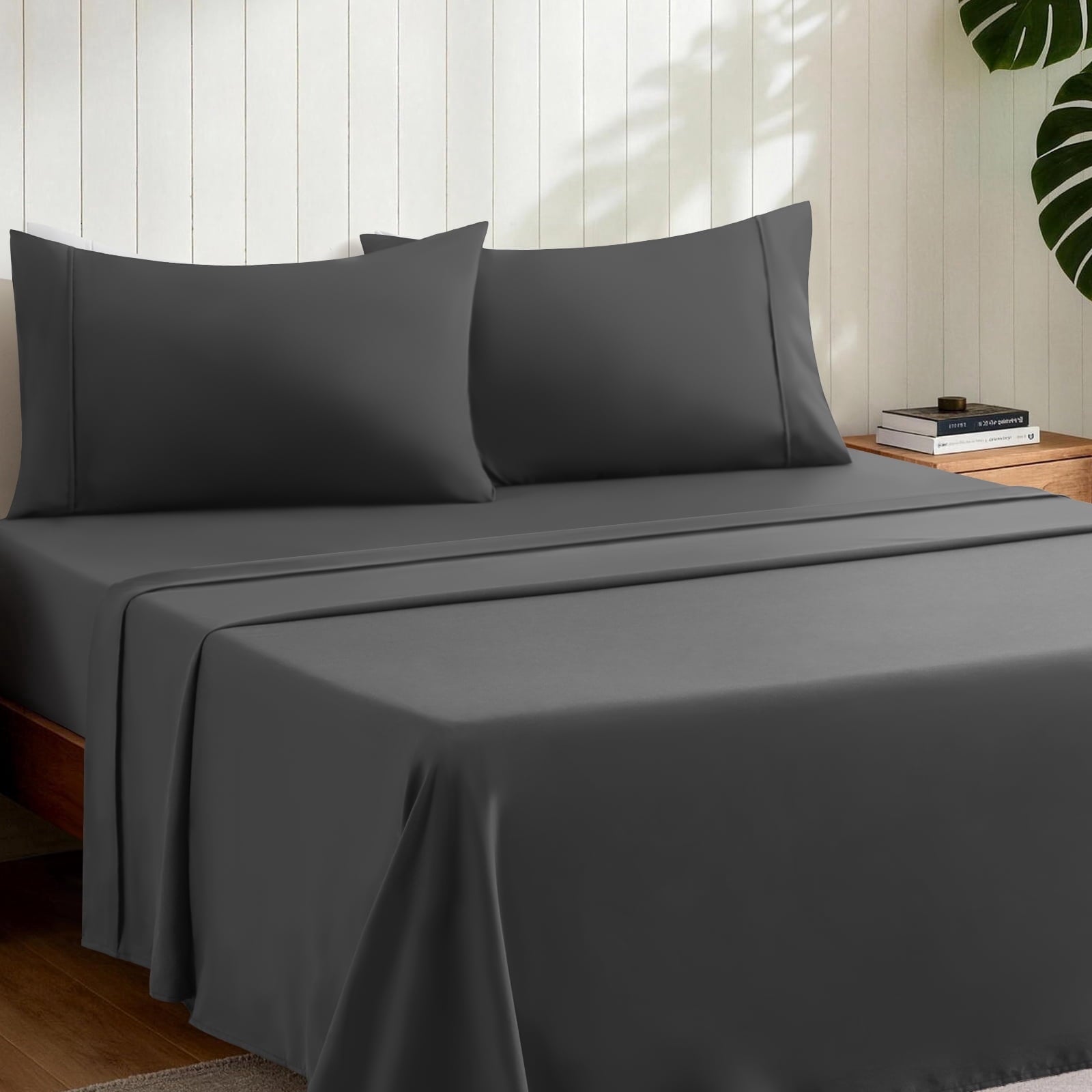 Premium Egyptian Cotton Sheets,Soft Hotel Luxury Polyester Washed Cotton,4 Piece Sheets Set,with 14" Deep Pocket,Dark Gray - Premium Ultra-Soft Pillowcase Pair for Sleeping Detail