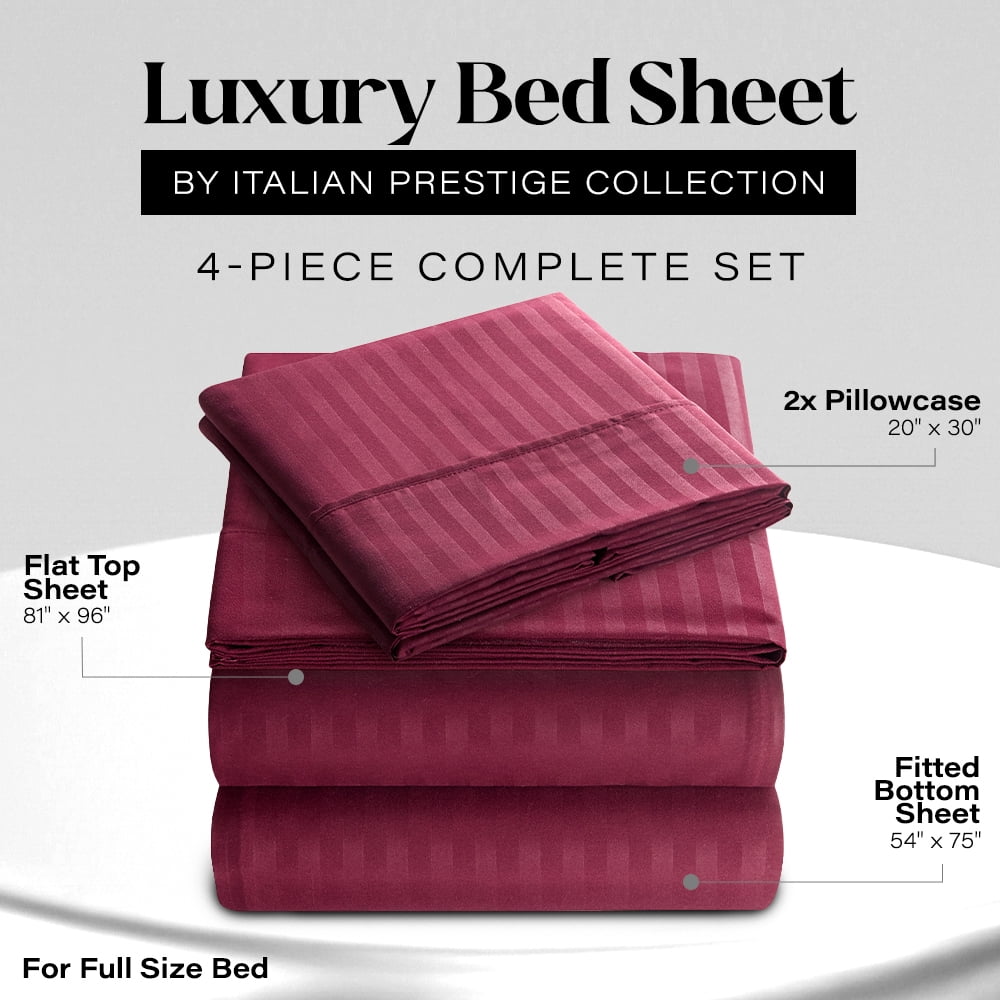 Cooling Sateen Bedding Set with Flat Sheet, Fitted Bed Sheet & Pillowcases, Full Burgundy - Breathable Egyptian Cotton Flat & Fitted Sheets Detail
