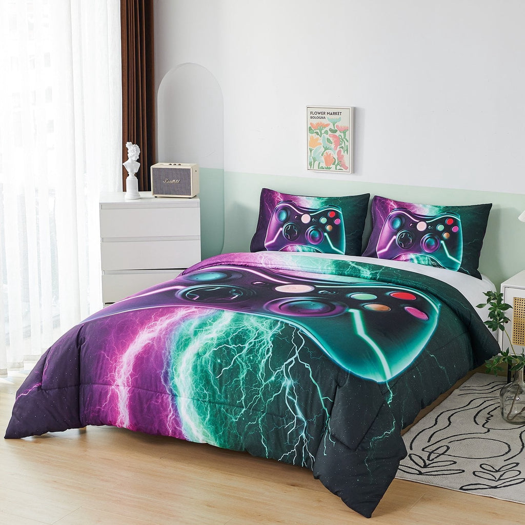 All-Season Queen Size Gaming Comforter Set for Boys,3-Piece 3D Green Purple Lightning Game Controller Bedding Set for Kids Teens - Luxurious Quilted Duvet Cover Set Detail