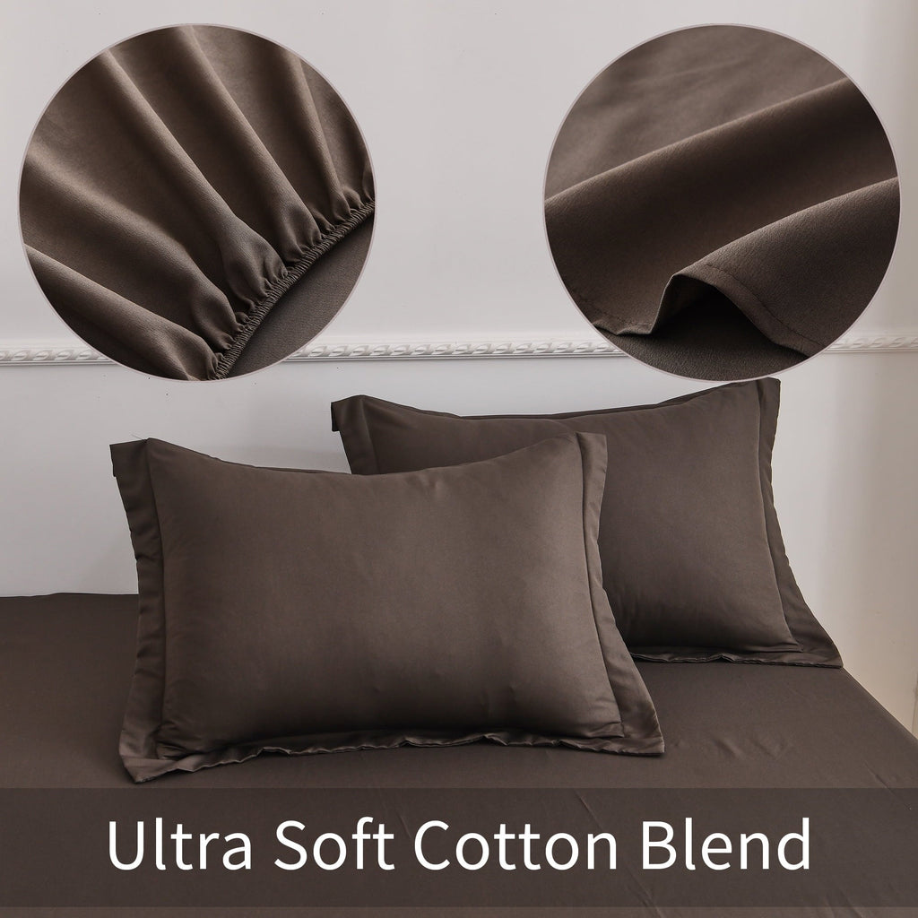 Premium Egyptian Cotton Bed Sheets Set 4 Piece Queen/Full Sheet Set Brown Gray Cotton Blend Fitted Sheet, Flat Sheet & 2 Pillowcases Bedding Set - Cooling Hotel Quality Bedding Sheets and Pillowcases Detail