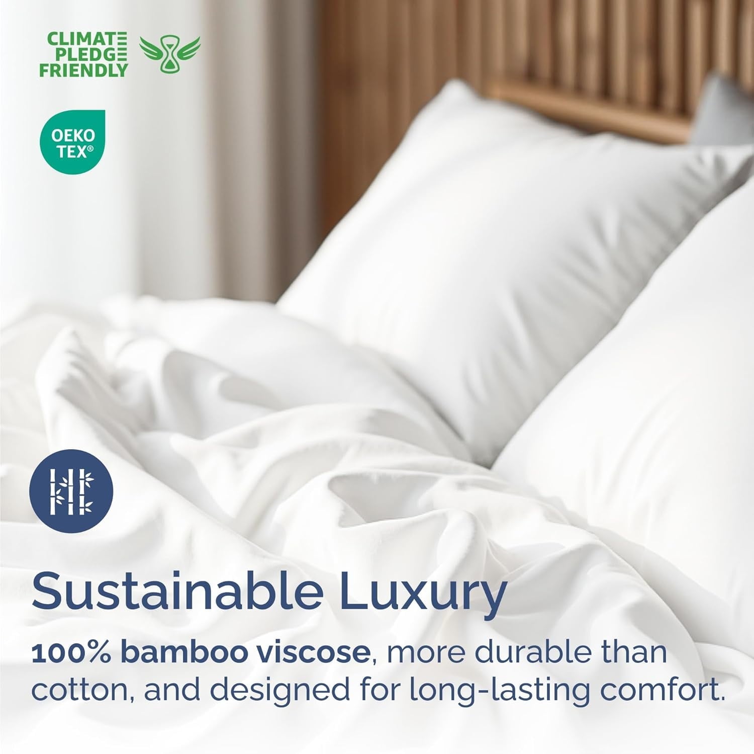 Ultra-Soft 4-Piece Luxury Bamboo Cooling Sheet Set - Queen Size 100% Bamboo Derived Rayon Premium Bed Sheets, White - Premium Ultra-Soft Pillowcase Pair for Sleeping Detail