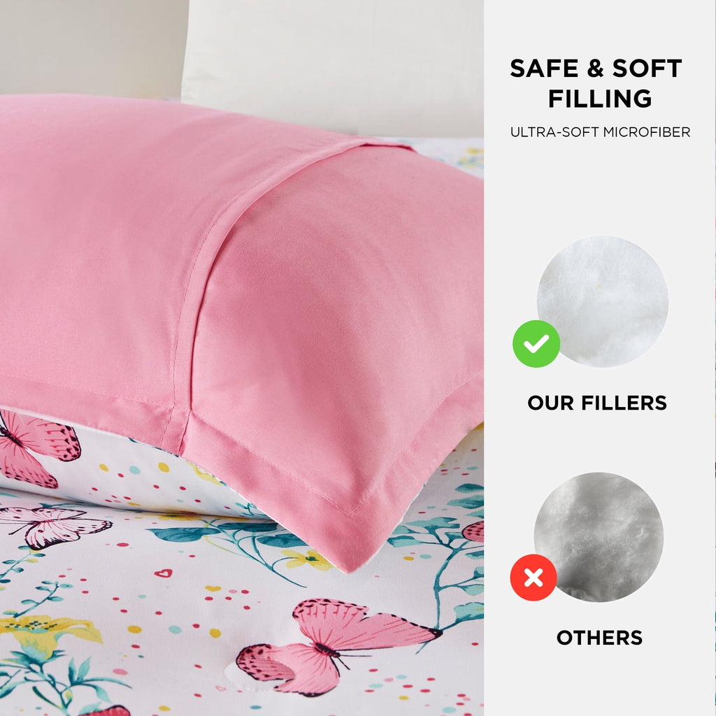 All-Season Full/Queen Size Comforter Sets, 4-Piece Kids Bedding Set for Girls, Butterfly Floral Comforter Bed Set, White/Pink - Luxurious Quilted Duvet Cover Set Detail