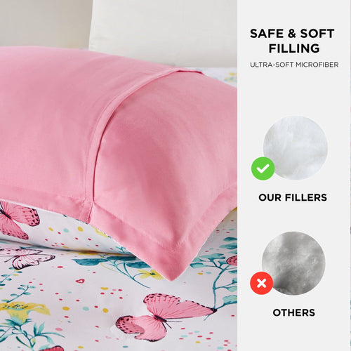 All-Season Full/Queen Size Comforter Sets, 4-Piece Kids Bedding Set for Girls, Butterfly Floral Comforter Bed Set, White/Pink - Luxurious Quilted Duvet Cover Set Detail