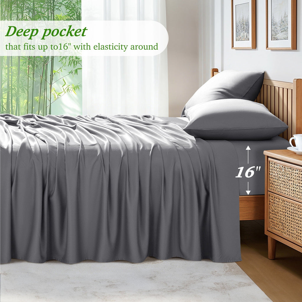 Premium Egyptian Cotton Bamboo Queen Sheet Set, Luxury Soft 4 Pieces Bed Sheets with 18" Deep Pocket, Gray - Cooling Hotel Quality Bedding Sheets and Pillowcases Detail