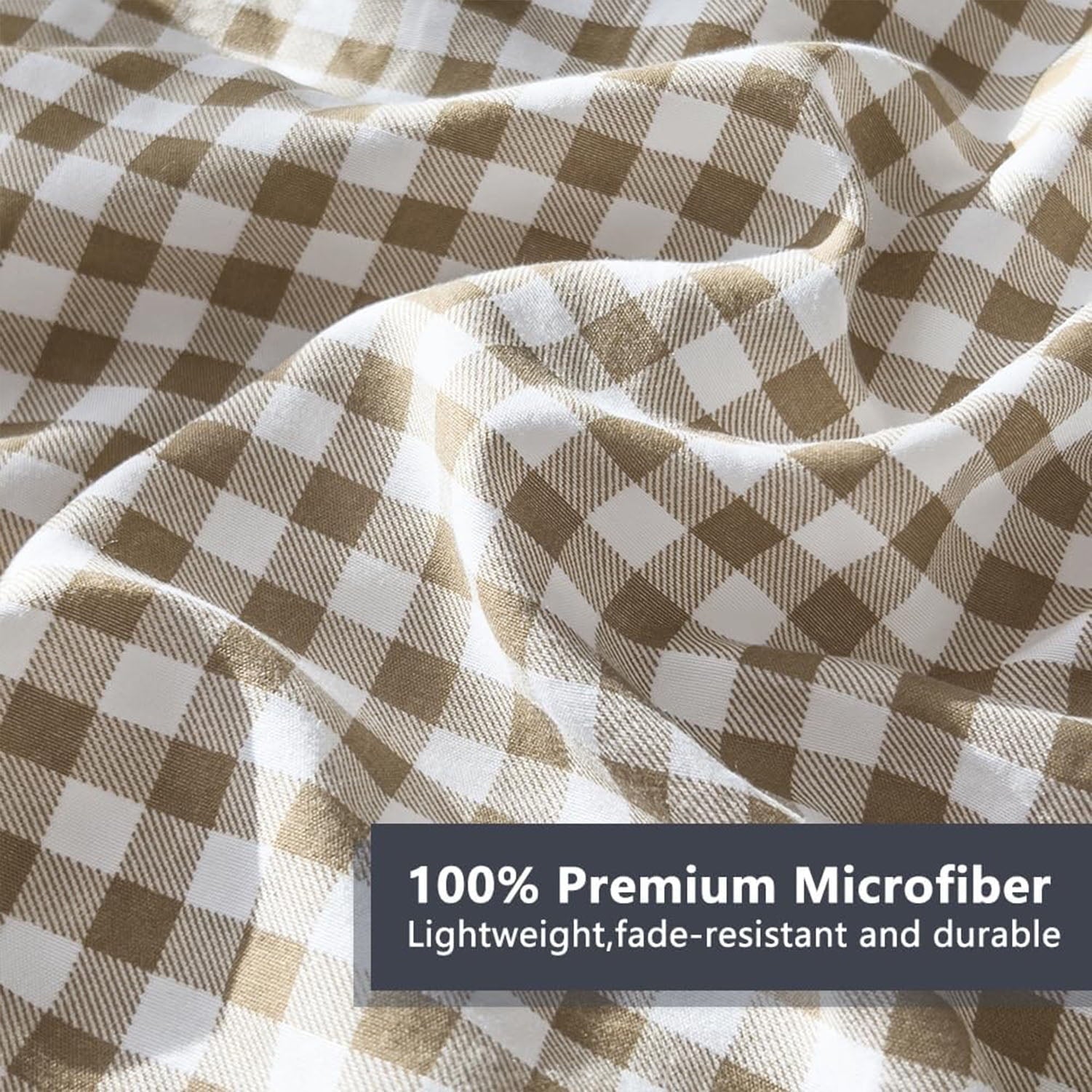All-Season Tan Gingham Queen Comforter Set, Taupe Plaid Bedding Set, Checked Bed Comforter 3 Pieces(Tan Gingham, Queen) - Cloud-Like Soft Lightweight Bed Comforter Detail