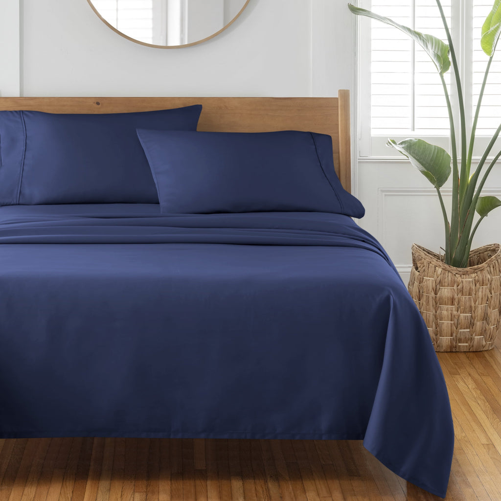 Cooling Sateen 4-Piece 300 Thread Count Blue Cove Cotton Sateen Bed Sheet Set, Queen - Cooling Hotel Quality Bedding Sheets and Pillowcases Detail
