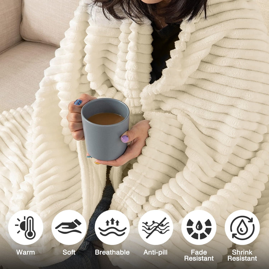 Decorative Knitted Throw Size Blanket for Couch, Sofa, Bed, Striped Beige Throw Blanket for Office Picnic Travel Bedroom, Super Soft War... - Super Soft Reversible Sherpa Flannel Blanket Detail