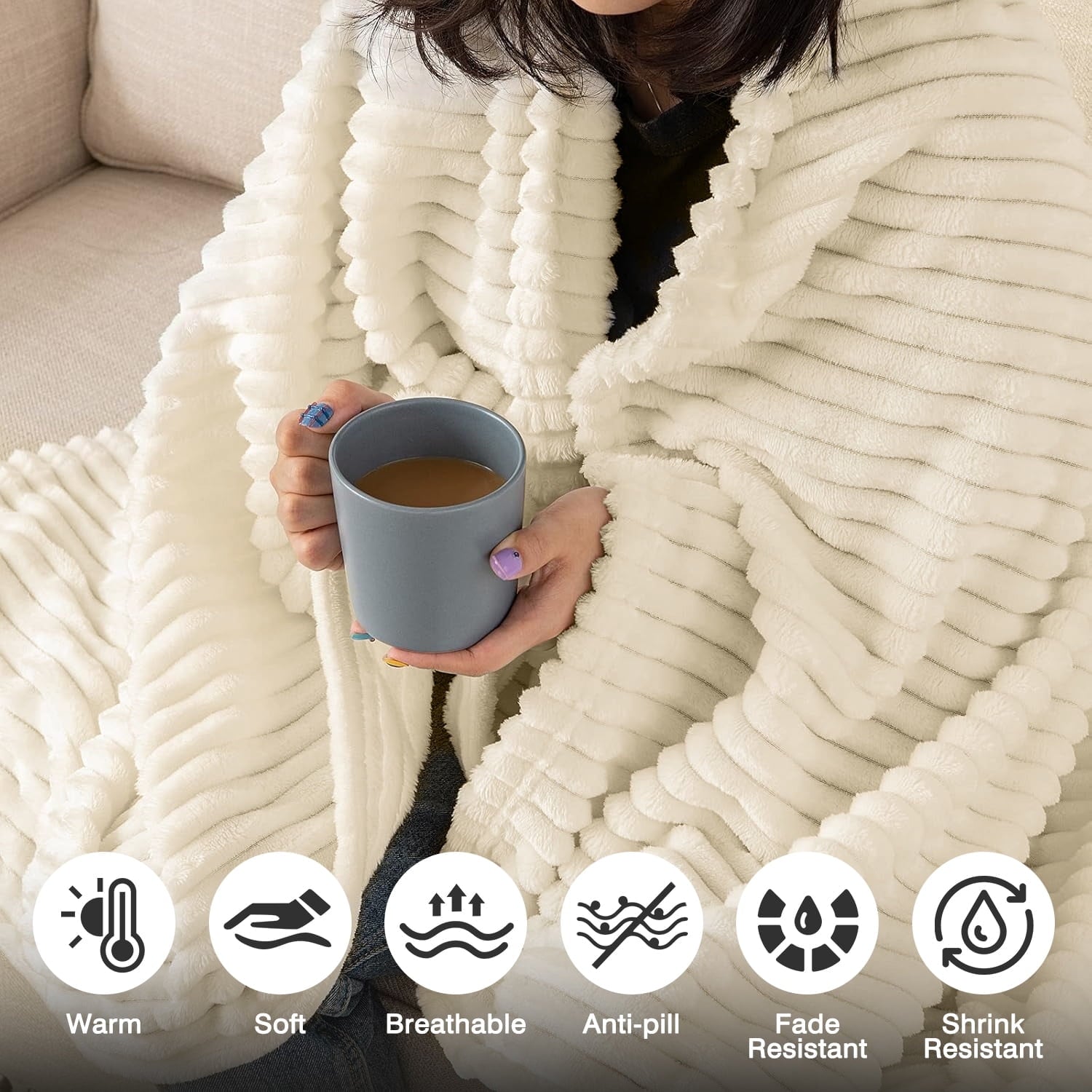 Decorative Knitted Throw Size Blanket for Couch, Sofa, Bed, Striped Beige Throw Blanket for Office Picnic Travel Bedroom, Super Soft War... - Super Soft Reversible Sherpa Flannel Blanket Detail