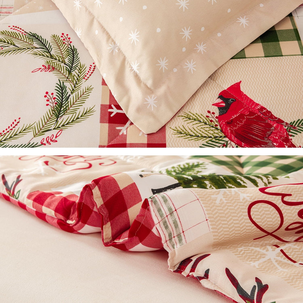 Luxurious Quilted 3 Pcs Christmas Comforter Set, Bed in a Bag Wreath Snowman Queen/Full Size Xmas Bedding Set Fitted Pillowcases for Adult - Hypoallergenic Ultra-Fluffy Quilt for Winter Detail