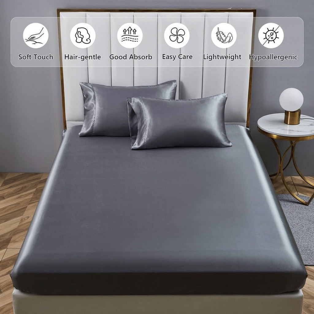 Premium Egyptian Cotton Luxury 5-Piece Satin Sheets Twin Silk Sheets Bed Sheet Set Ultra-Silky & Skin-Friendly Deep Pocket Bed Flat Fitted Sheet - Premium Ultra-Soft Pillowcase Pair for Sleeping Detail