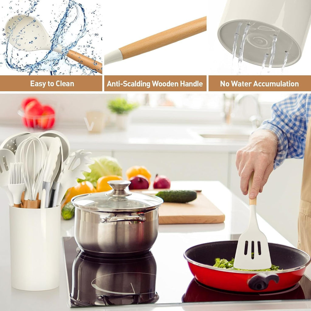 Ergonomic Cooking Cooking Utensils Set, 12 packs Non-Stick Silicone Cooking Kitchen Utensils Spatula Set with Wooden Handles and... - Premium Stainless Steel Cooking Utensil for Non-Stick Pots Detail