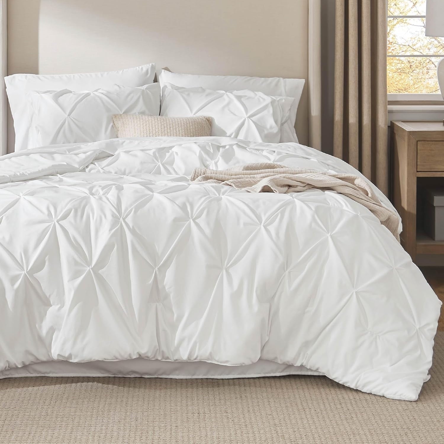 All-Season White Queen Comforter Set- 7 Pieces Pintuck Bedding Set with Comforters, Sheets, Pillowcases & Shams - Luxurious Quilted Duvet Cover Set Detail