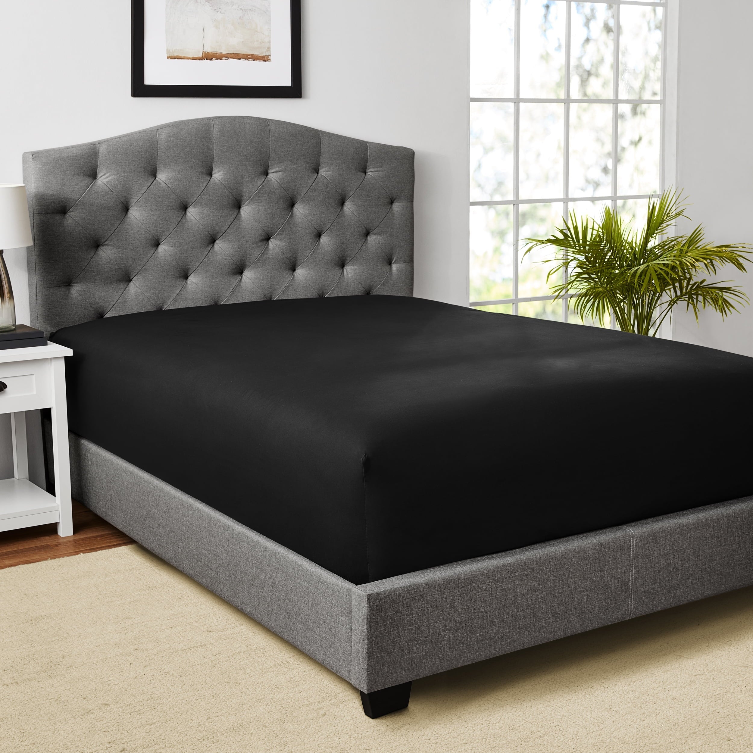 Ultra-Soft Easy Care Solid Rich-Black CVC Cotton Blend Fitted Sheet, Full - Premium Ultra-Soft Pillowcase Pair for Sleeping Detail