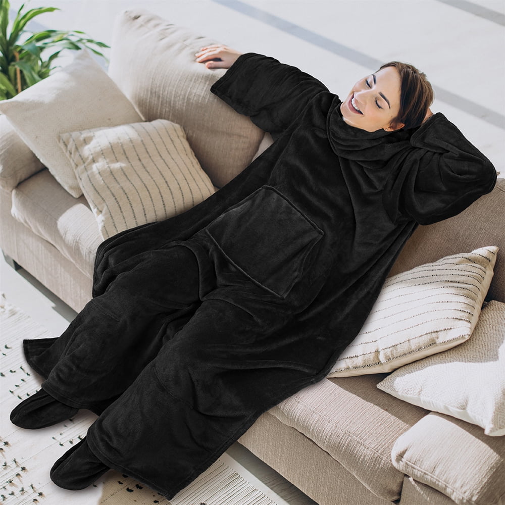 Cozy Fleece Fleece Blanket with Sleeves, Foot Pockets for Women Men Adults, Plush Wearable Blanket Throw Wrap, Warm Snuggle Blank... - Super Soft Reversible Sherpa Flannel Blanket Detail